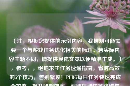 （注，根据您提供的示例内容，我推测可能需要一个与游戏任务优化相关的标题。若实际内容主题不同，请提供具体文本以便精准生成。），参考，，绝地求生任务速通指南，省时高效的5个技巧，告别繁琐！PUBG每日任务快速完成全攻略，提升吃鸡效率，智能规划任务路线与优先级，（请补充具体内容需求，我将为您生成最匹配的单一标题）