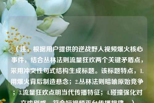 （注，根据用户提供的逆战野人视频爆火核心事件，结合丛林法则流量狂欢两个关键矛盾点，采用冲突性句式结构生成标题。该标题特点，1.用爆火背后制造悬念；2.丛林法则暗喻原始竞争；3.流量狂欢点明当代传播特征；4.碰撞强化对立戏剧感，符合短视频平台传播规律。）