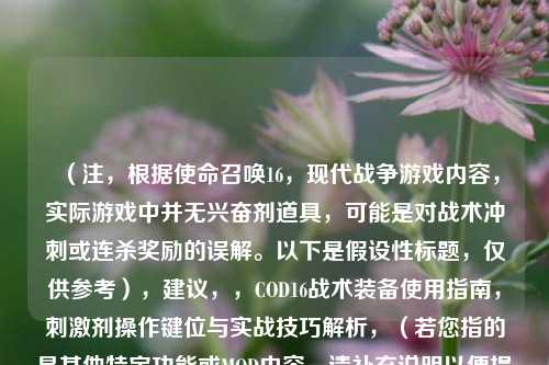 （注，根据使命召唤16，现代战争游戏内容，实际游戏中并无兴奋剂道具，可能是对战术冲刺或连杀奖励的误解。以下是假设性标题，仅供参考），建议，，COD16战术装备使用指南，刺激剂操作键位与实战技巧解析，（若您指的是其他特定功能或MOD内容，请补充说明以便提供更准确的标题。）
