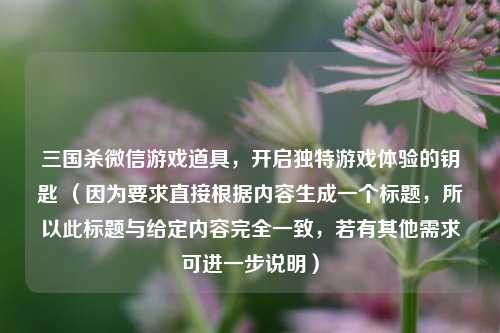 三国杀微信游戏道具，开启独特游戏体验的钥匙 （因为要求直接根据内容生成一个标题，所以此标题与给定内容完全一致，若有其他需求可进一步说明）