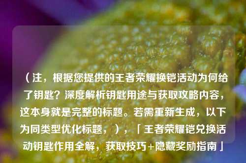 （注，根据您提供的王者荣耀换铠活动为何给了钥匙？深度解析钥匙用途与获取攻略内容，这本身就是完整的标题。若需重新生成，以下为同类型优化标题，），「王者荣耀铠兑换活动钥匙作用全解，获取技巧+隐藏奖励指南」