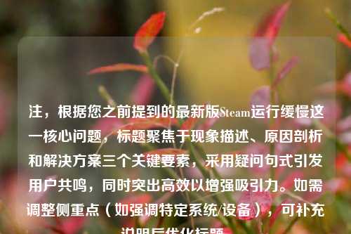 注，根据您之前提到的最新版Steam运行缓慢这一核心问题，标题聚焦于现象描述、原因剖析和解决方案三个关键要素，采用疑问句式引发用户共鸣，同时突出高效以增强吸引力。如需调整侧重点（如强调特定系统/设备），可补充说明后优化标题。