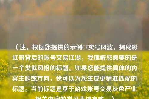 （注，根据您提供的示例CF卖号风波，揭秘彩虹哥背后的账号交易江湖，我理解您需要的是一个类似风格的标题。如果您能提供具体的内容主题或方向，我可以为您生成更精准匹配的标题。当前标题是基于游戏账号交易灰色产业相关内容的常见表述方式。）