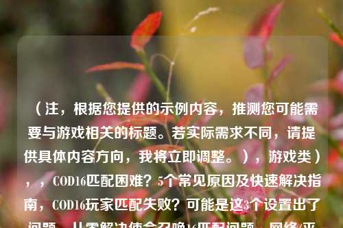 （注，根据您提供的示例内容，推测您可能需要与游戏相关的标题。若实际需求不同，请提供具体内容方向，我将立即调整。），游戏类），，COD16匹配困难？5个常见原因及快速解决指南，COD16玩家匹配失败？可能是这3个设置出了问题，从零解决使命召唤16匹配问题， *** /平台/设置全攻略，请告知是否需要其他领域的标题风格，或提供具体内容以便生成更精准的标题。