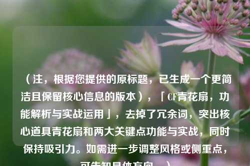 （注，根据您提供的原标题，已生成一个更简洁且保留核心信息的版本），「CF青花扇，功能解析与实战运用」，去掉了冗余词，突出核心道具青花扇和两大关键点功能与实战，同时保持吸引力。如需进一步调整风格或侧重点，可告知具体方向。）