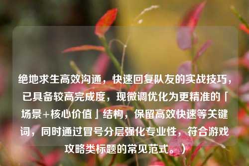 绝地求生高效沟通，快速回复队友的实战技巧，已具备较高完成度，现微调优化为更精准的「场景+核心价值」结构，保留高效快速等关键词，同时通过冒号分层强化专业性，符合游戏攻略类标题的常见范式。）