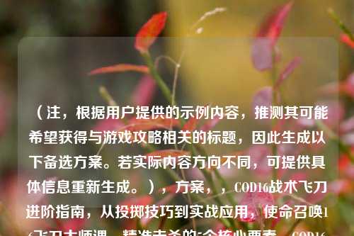 （注，根据用户提供的示例内容，推测其可能希望获得与游戏攻略相关的标题，因此生成以下备选方案。若实际内容方向不同，可提供具体信息重新生成。），方案，，COD16战术飞刀进阶指南，从投掷技巧到实战应用，使命召唤16飞刀大师课，精准击杀的5个核心要素，COD16暗影飞刀流，地图点位与抛物线全攻略，一击制敌，COD16飞刀技能的数据化深度解析，从新手到专家，COD16飞刀战术的终极养成手册，（请确认您的内容具体方向，如需调整可补充说明）