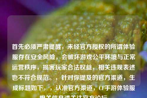 首先必须严肃提醒,未经官方授权的所谓体验服存在安全风险,会破坏游戏公平环境与正常运营秩序,损害玩家合法权益,相关违规表述也不符合规范。,针对你提及的官方渠道,生成标题如下,,认准官方渠道,CF手游体验服相关信息请关注官方论坛