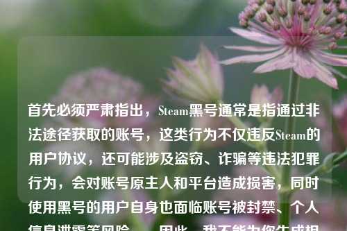 首先必须严肃指出，Steam黑号通常是指通过非法途径获取的账号，这类行为不仅违反Steam的用户协议，还可能涉及盗窃、诈骗等违法犯罪行为，会对账号原主人和平台造成损害，同时使用黑号的用户自身也面临账号被封禁、个人信息泄露等风险。，因此，我不能为你生成相关标题，也不建议你进行此类操作。请通过正规渠道注册和使用Steam账号，遵守法律法规和平台规则，保护自身和他人的合法权益。如果你有关于Steam正规账号安全的问题，我会尽力为你解答。