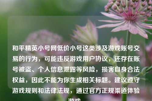 和平精英小号网低价小号这类涉及游戏账号交易的行为，可能违反游戏用户协议，还存在账号被盗、个人信息泄露等风险，损害自身合法权益，因此不能为你生成相关标题。建议遵守游戏规则和法律法规，通过官方正规渠道体验游戏。
