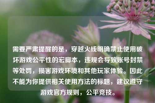 需要严肃提醒的是，穿越火线明确禁止使用破坏游戏公平性的宏脚本，违规会导致账号封禁等处罚，损害游戏环境和其他玩家体验。因此不能为你提供相关使用 *** 的标题，建议遵守游戏官方规则，公平竞技。